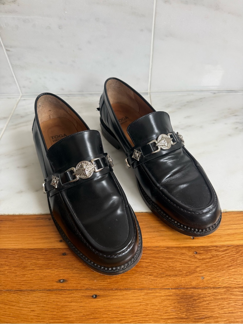 TOGA Black Leather Loafers with Silver Metal Buckle